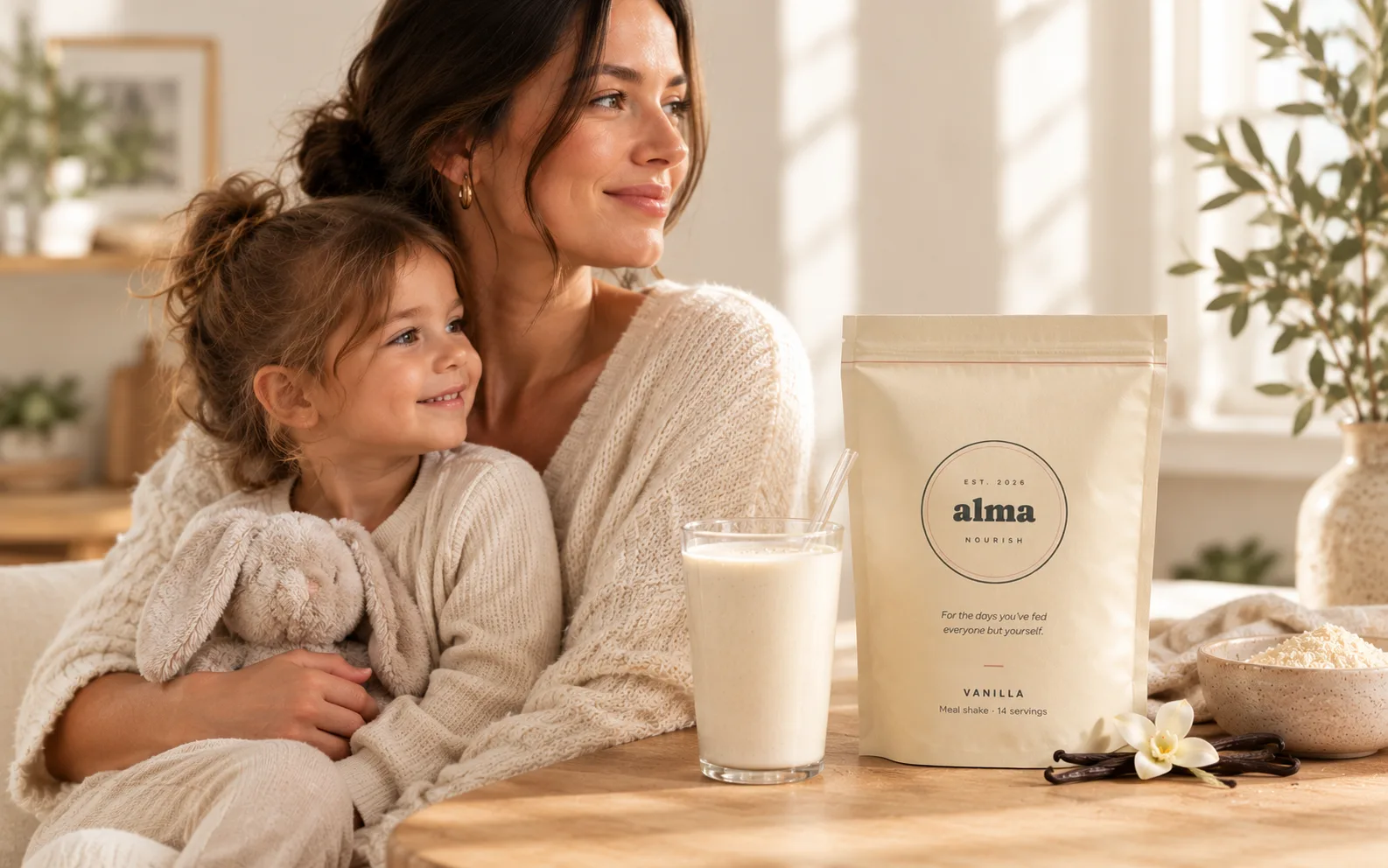 A mum holding her baby beside a glass of Alma Nourish vanilla shake and the vanilla pouch
