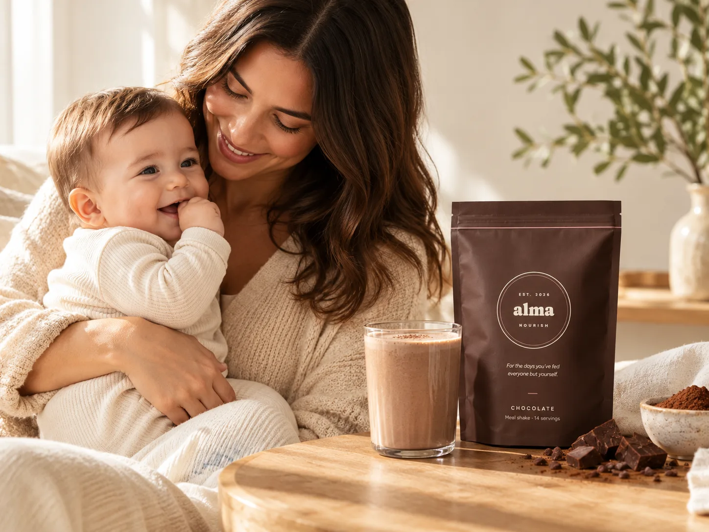 A mum holding her smiling baby beside a glass of Alma Nourish chocolate shake and the chocolate pouch